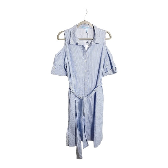 Draper James Dress Stripe Poplin Cold Shoulder Dress Blue White Size 14 NWT - Picture 2 of 7